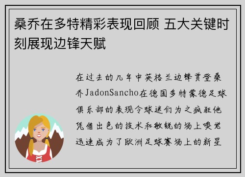 桑乔在多特精彩表现回顾 五大关键时刻展现边锋天赋
